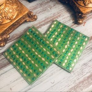 Set of 2 Glitter and Jewel Coasters Green and Gold